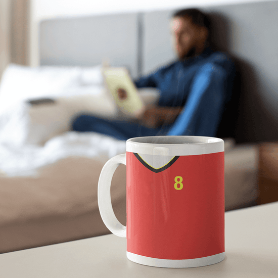 Belgium Retro Style Home Kit Shirt Inspired Colours for Personalised Football Mug with optional Coaster. Perfect item for the les Diables Rouges fan.