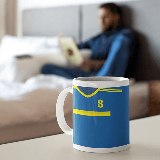 Bosnia & Herzegovina Retro Style Home Kit Shirt Inspired Colours for Personalised Football Mug with optional Coaster.