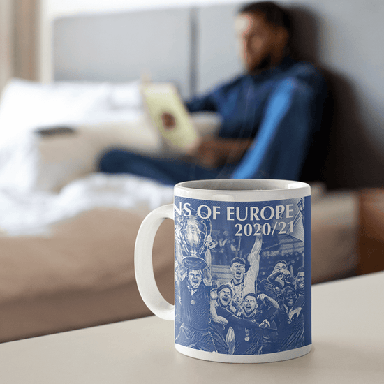 Chelsea 2020/2021 Champions of Europe Inspired Colours for Personalised Football Mug with optional Coaster. Perfect item for The Blues fan.