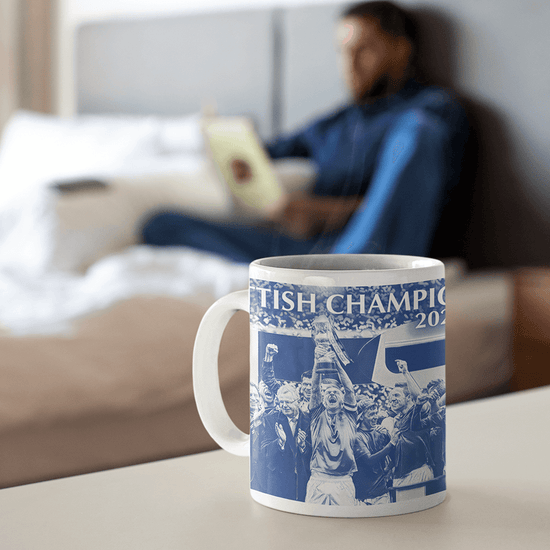 Rangers 2020/2021 Scottish Champions Inspired Personalised Football Mug with optional Coaster. Perfect item for The Teddy Bears fan.